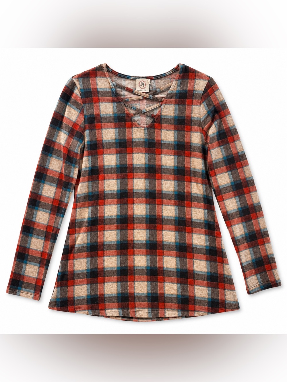 Crisscross Plaid Long-Sleeve Sweater Tunic - Orange Plaid